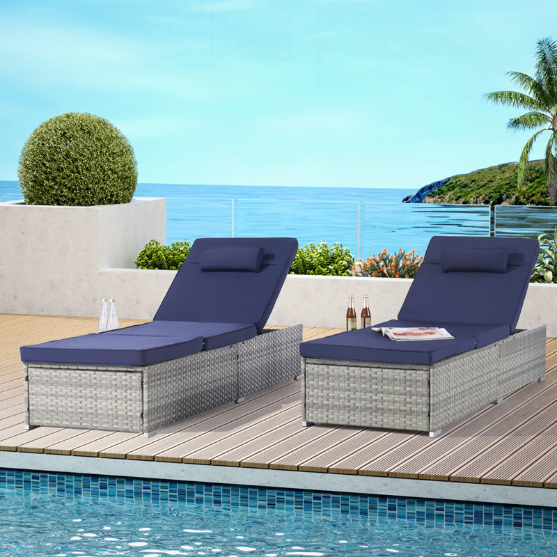 Outdoor Chaise Lounge Chair Set of 2 with Patio Pool Chairs Tanning Lounges for Outside, Dark Blue, Light Gray