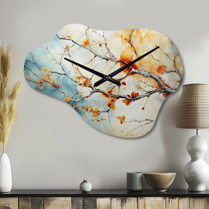 Horloge murale en érable orange sarcelle orange agitant I - horloge murale asymétrique en métal, Grand