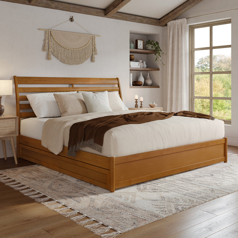 Lamareon Solid Wood Platform Bed with Footboard & Roll Out Trundle Bed, Light Toffee, King