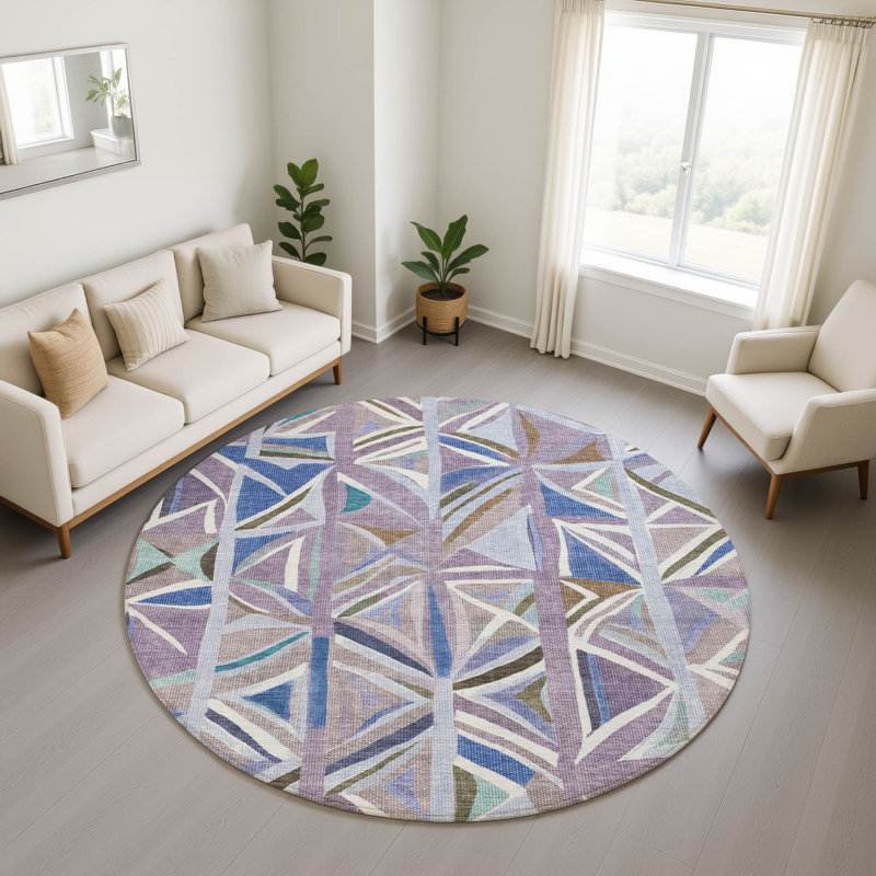 Premium Machine Washable Mayfield AMF2253 Geometric Rug, 8' Round, Lavender