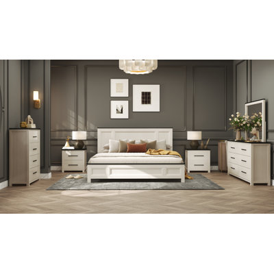 Roundhill Furniture Realynn 6-Piece Wood Bedroom Set, Panel Bed with Dresser, Mirror, Chest, and 2 Nightstands, Off-White Finish by Roundhill Furniture