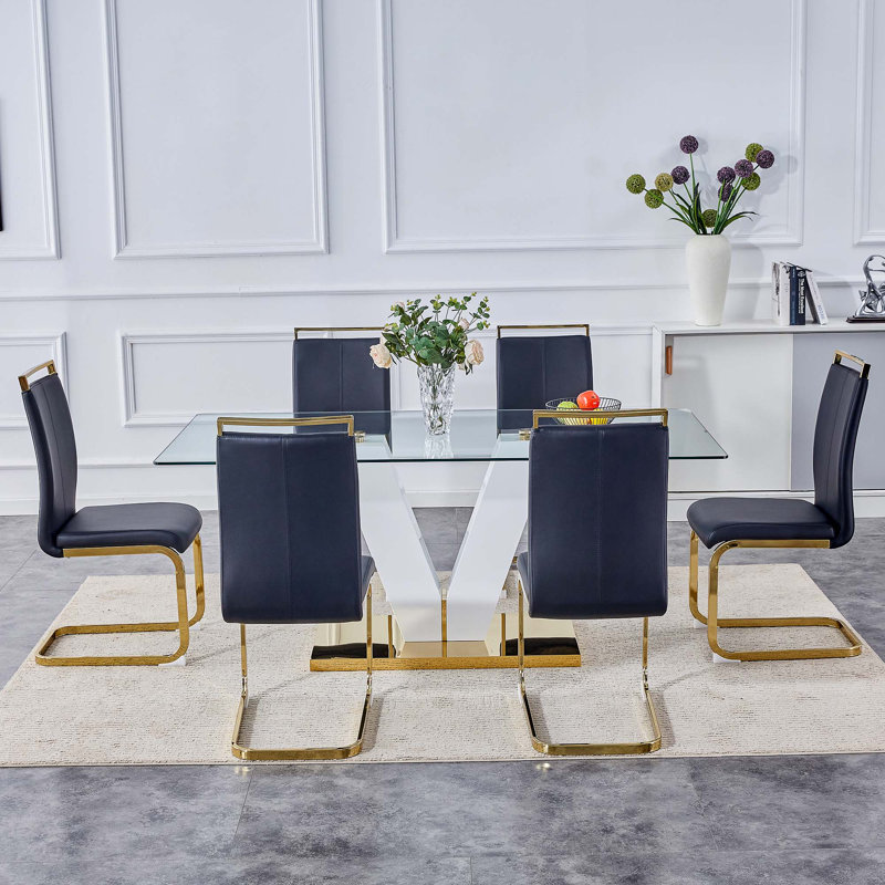 Table et chaises Ensemble de salle à manger en verre trempé transparent de luxe subtil, 7