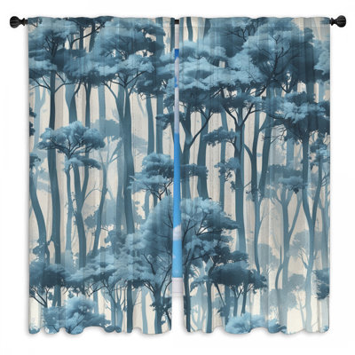 Blue Misty Forest Window Curtains Trees Sheer & Room Darkening - 2 Panels