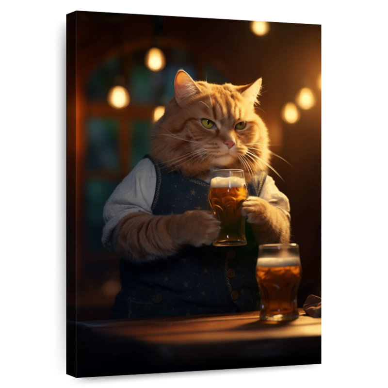 Brampt Orange Tabby Cat Drinking Beer, 24" H x 16" W