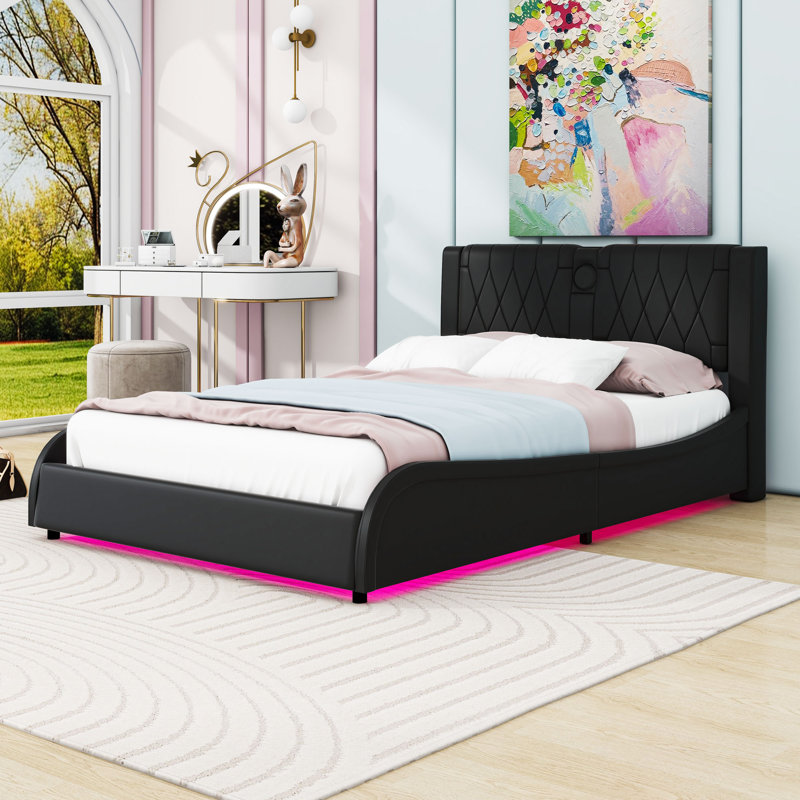Lit plateforme tapissier avec haut-parleurs Bluetooth et lumière DEL RVB, Noir, noir, noir, noir, Double
