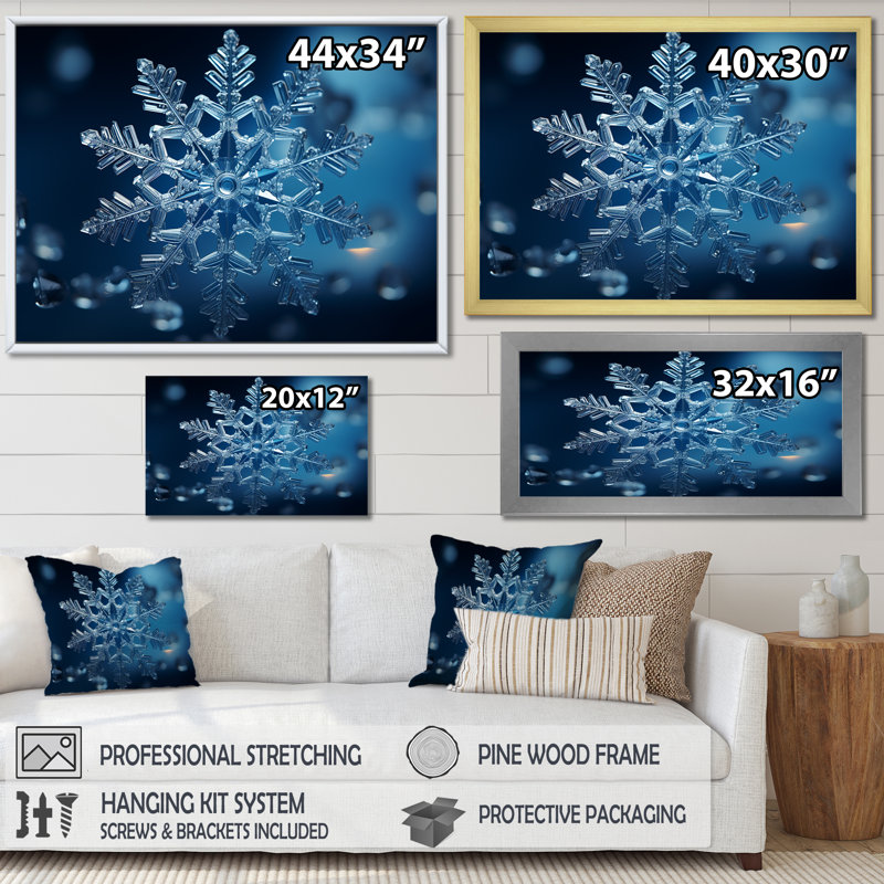 «Blue Snowflake Holiday I - Winter Landscape», art mural, Cadre de coin argenté fermé, H 30 po x l 40 po x P 1,5 po