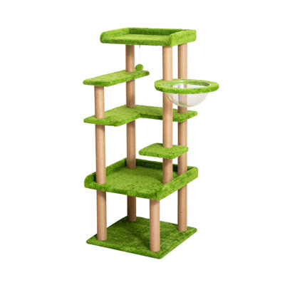 Arbre à chat pour grand chat d'intérieur, petite tour pour chat moderne de 58 po avec perchoir large, marche basse, poteaux à griffer en coton, base robuste, perchoirs confortables, jouets interactifs (tissu court vert)