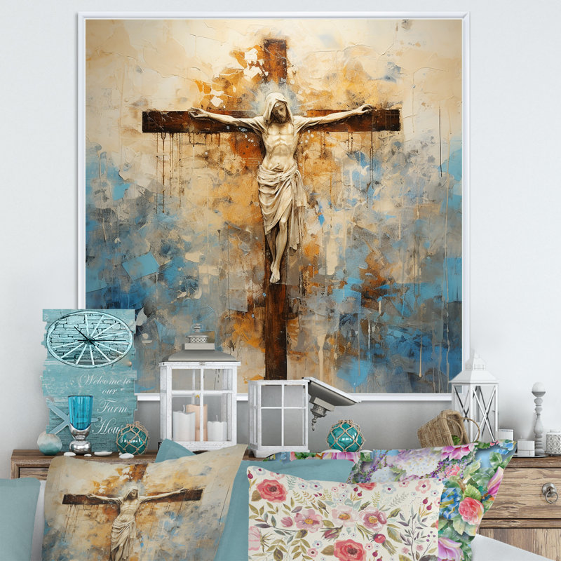 Minimalisme, croix religieuse de Jésus sur toile, H 16 po x l 16 po x P 1 po, Cadre flottant blanc