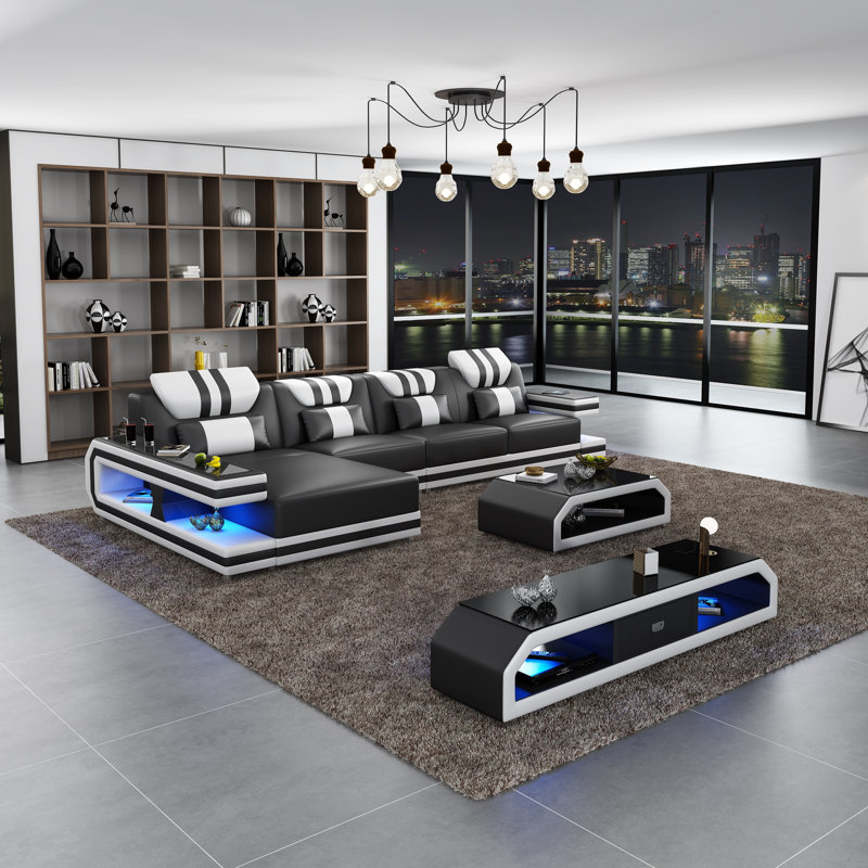 Lightspeed Modular Sectional, Black/White Genuine Leather, Left Hand Facing