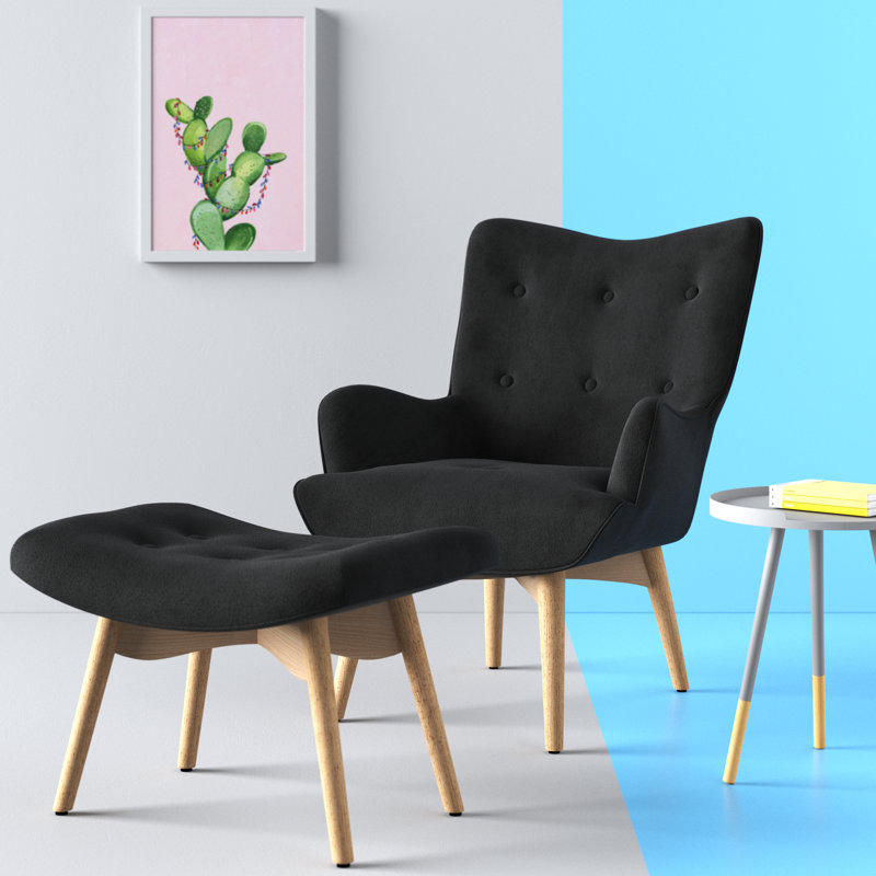 Carwile Upholstered Wingback Chair With Footstool, Black