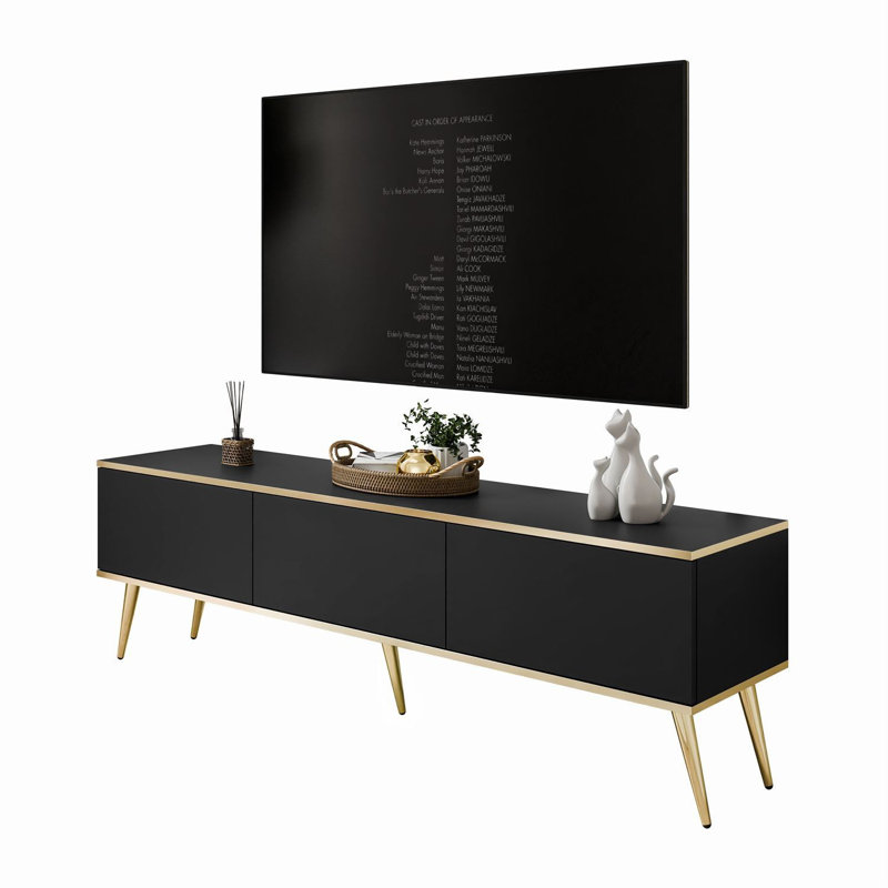 OXFORD III TV Stand with Golden Legs, 53cm H x 175cm L x 32cm W, Black