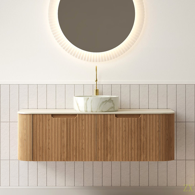 Meuble-lavabo de salle de bain 48 po Dina, meuble-lavabo rayé à bords arrondis avec tiroirs, lavabo rond en céramique avec motif en pierre et plateau en pierre frittée à motif de travertin, pré-assemblé