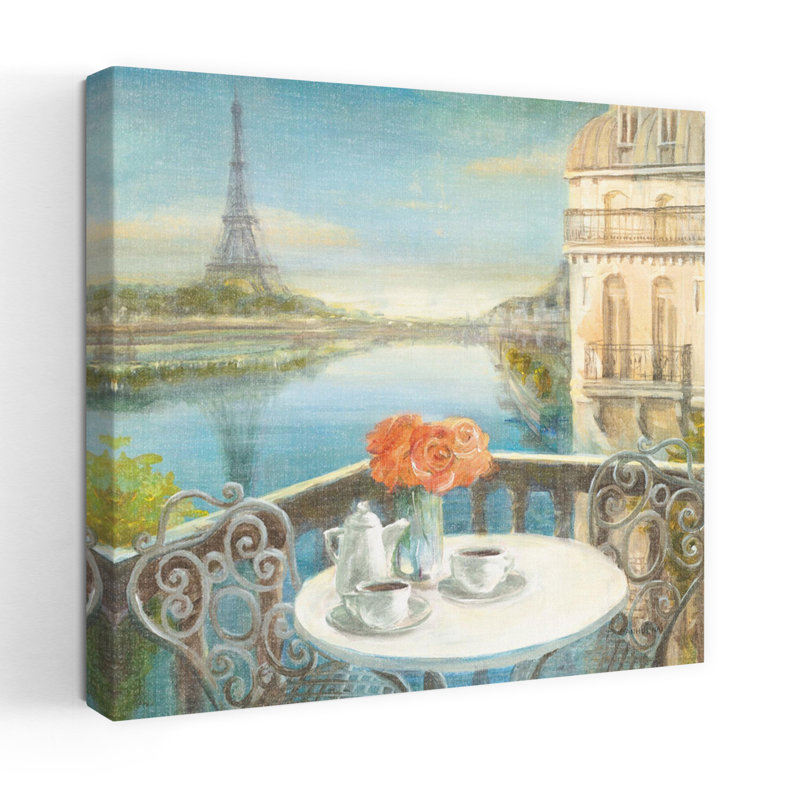 Art contemporain bleu matin sur la seine avec balcon, H 24 po x l 24 po