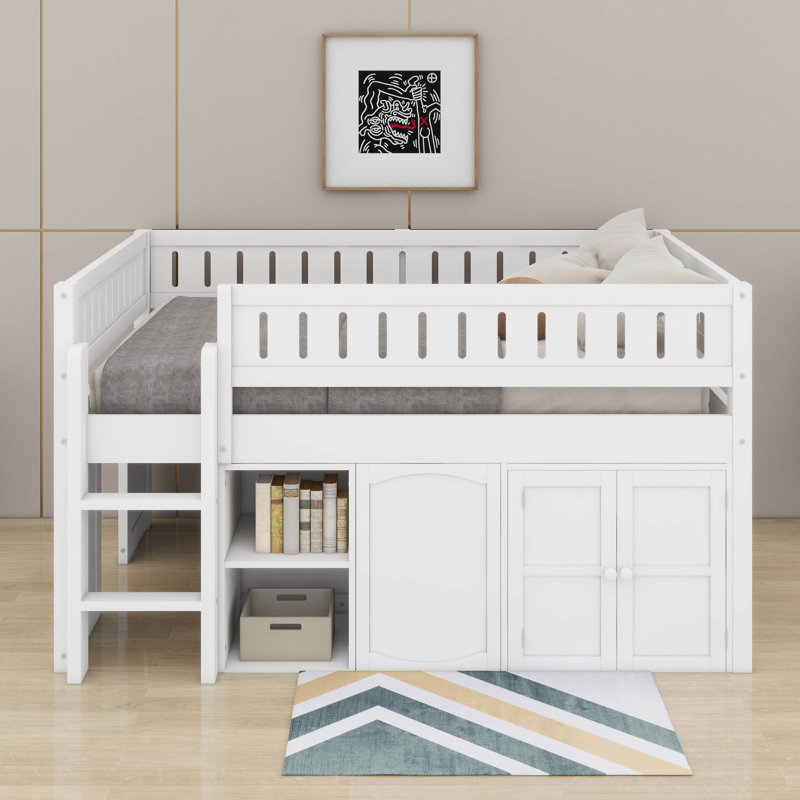 Full Size Loft Bed With Cabinet, White