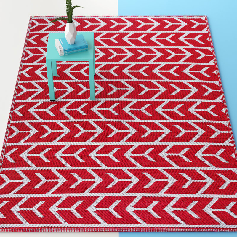 Tapis intérieur / extérieur à motif géométrique rouge / blanc Lyndell, Rectangle 6 pi x 9 pi