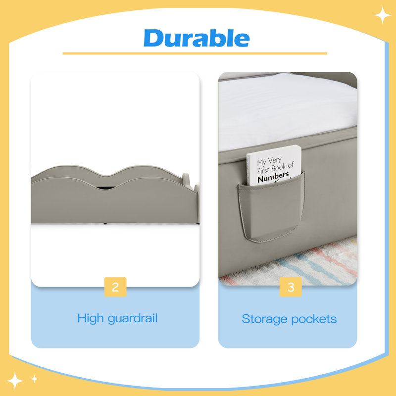 Lit pour enfants robuste en similicuir en forme de nuage robuste avec garde-corps, lit de sécurité pour tout-petits et poche de rangement