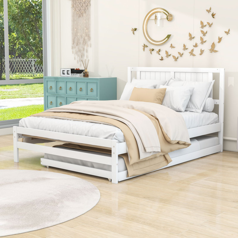 Full Size Wooden Platform Bed with Adjustable Twin Trundle and Headboard, White