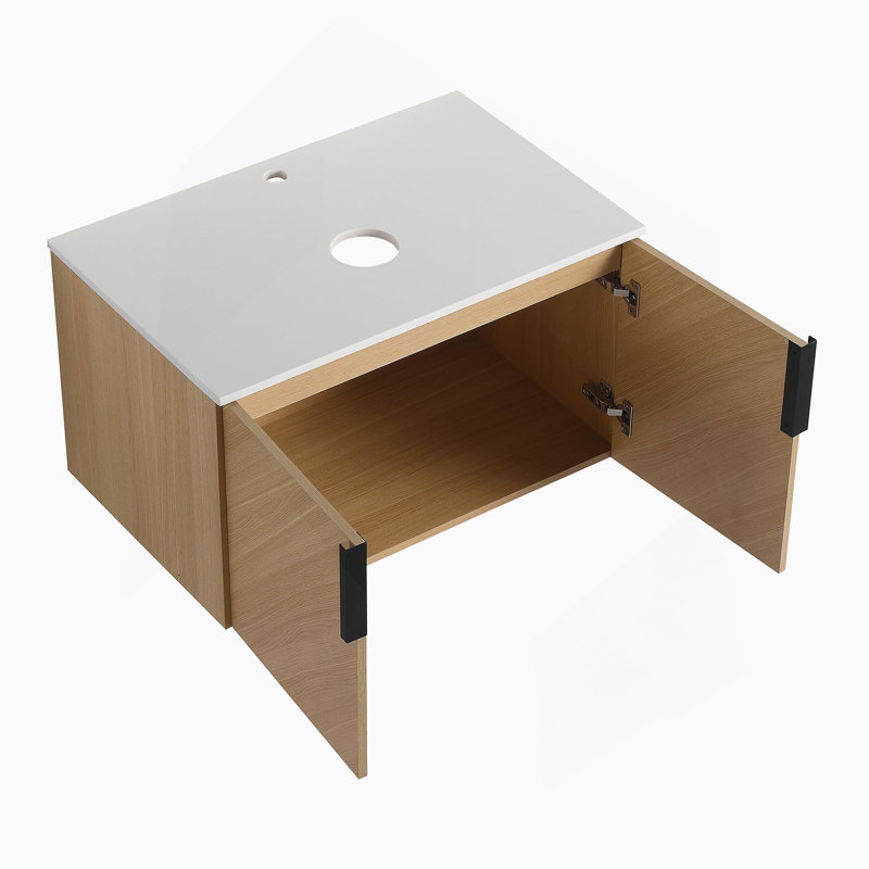 Meuble-lavabo mural avec dalle de pierre artificielle, portes à fermeture douce et matériau durable pour un rangement facile et une conception élégante