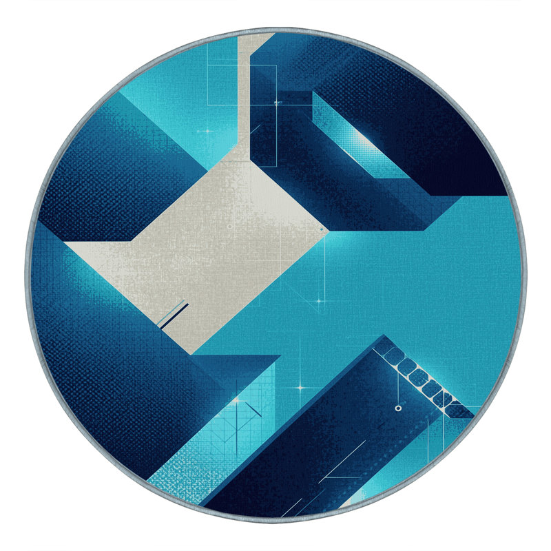 Machine Washable Carlstadt Sleek & Chic Modern Geometric Shapes Rug in Blue – SkyBlue Binding, 7' Round