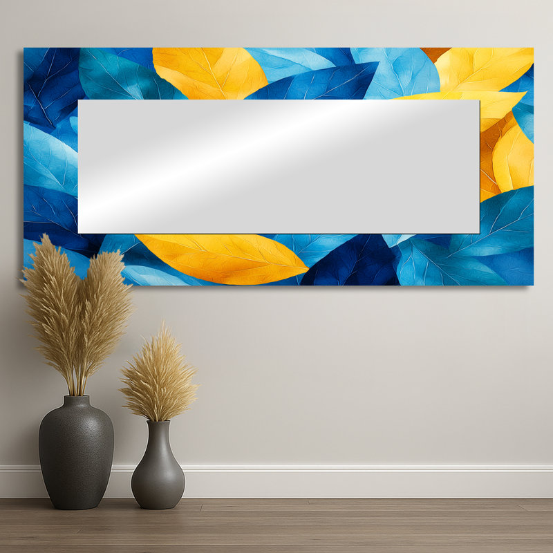 Feuilles numériques bleues et jaunes II - art mural miroir floral - imprimé sur métal, 28 po x 60 po
