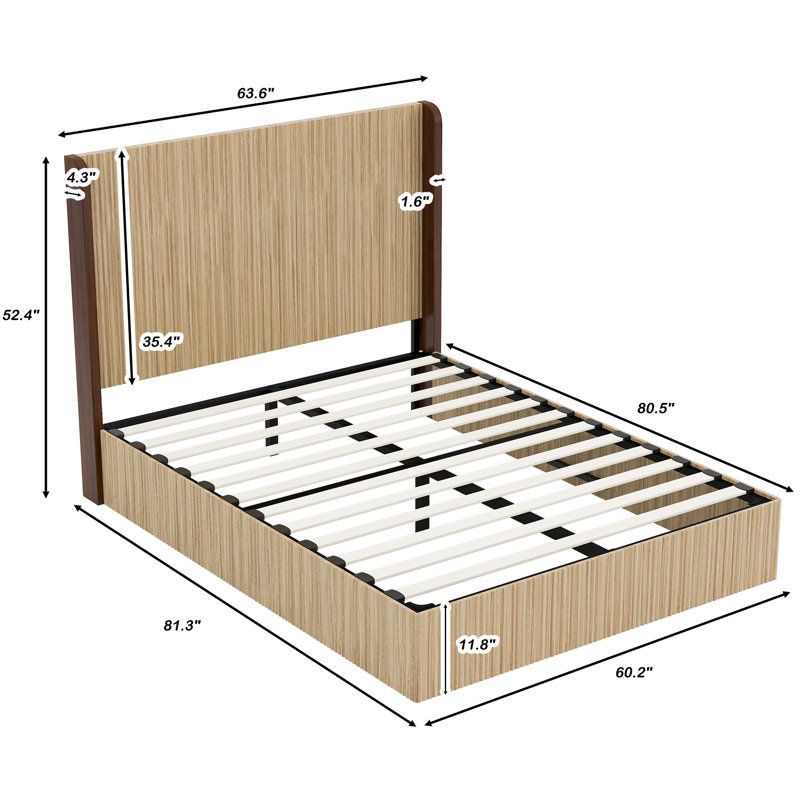 Structure de lit plateforme en bois dentelé grand format, tête de lit en forme d'aile assortie, planche à ressorts non requise, facile à assembler, avec surface en bois naturel