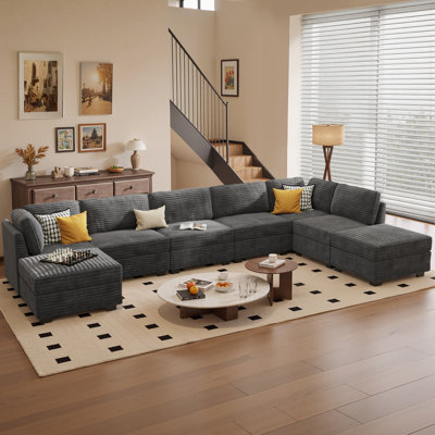 Grand canapé modulaire en forme de L avec repose-pieds, velours côtelé avec coussins à ressorts, avec une capacité de 8 sièges, coussins de salon confortables