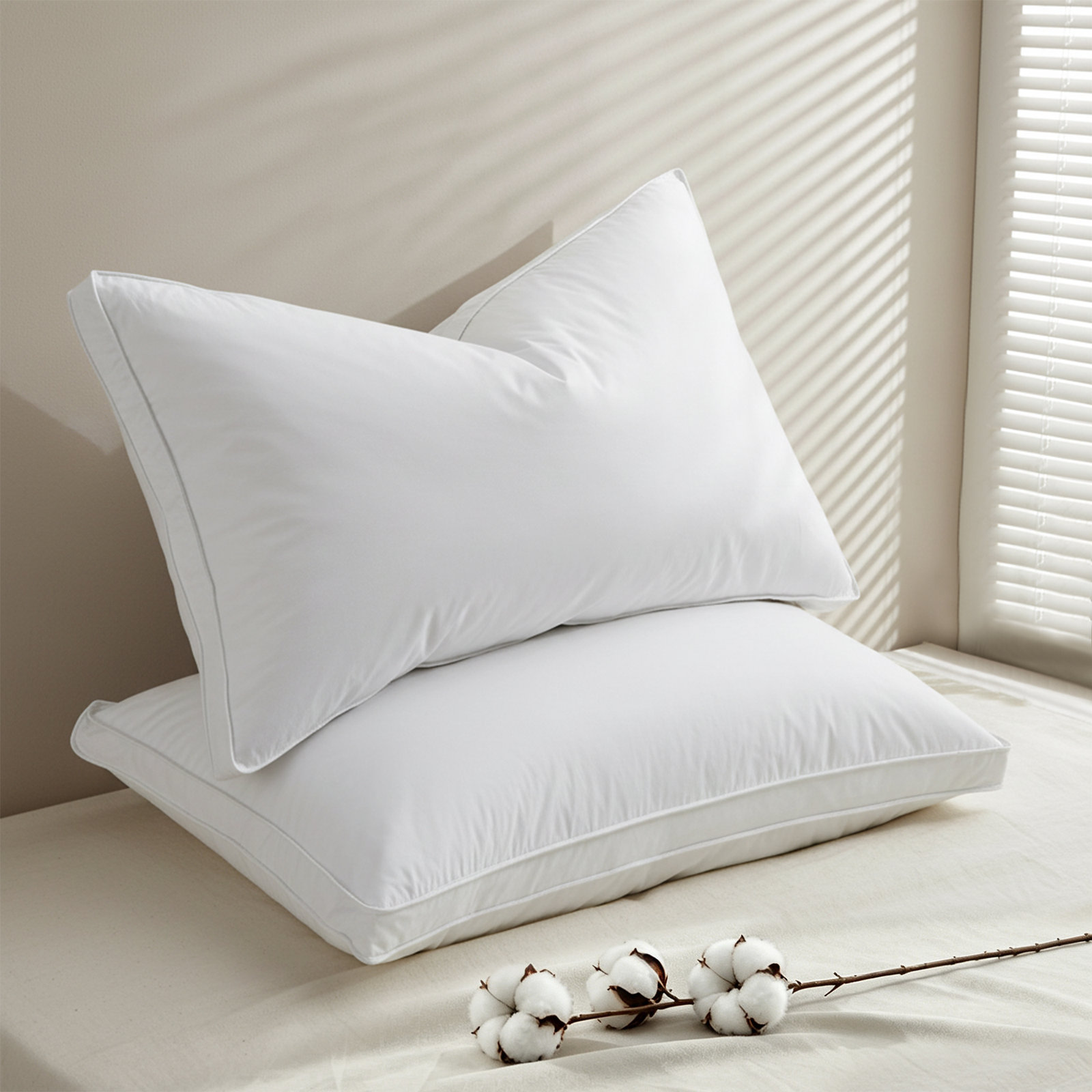 233TC 100% Cotton Grey Goose Feather & Down Bed Pillows – Set of 2 Soft & Supportive 1.5 Inch Pillows for Side & Back Sleepers
