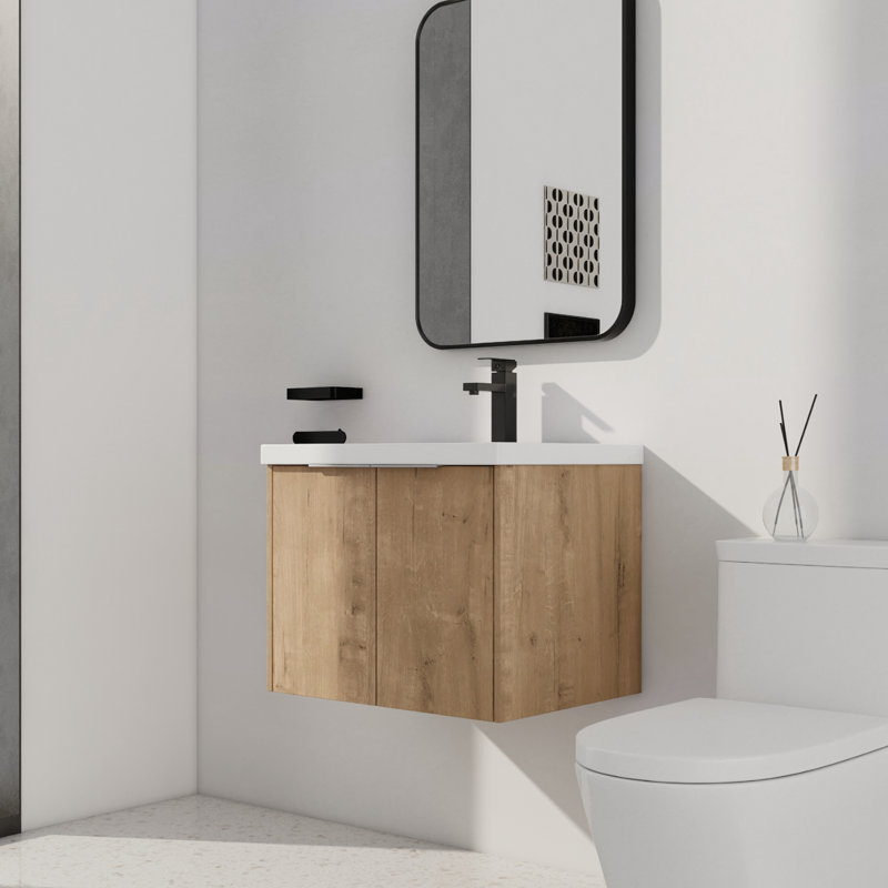 24" Single Sink Wall Mounted Bathroom Vanity,Floating Vanity With 2 Doors and White Resin Top
