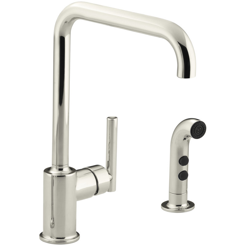 Purist® Two-Hole Kitchen Sink Faucet with 8" Spout and Matching Finish Sidespray, Vibrant Polished Nickel