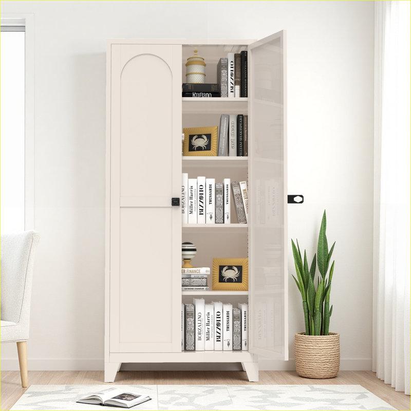 Armoire de rangement en métal 71 po avec 2 portes et serrure Tablettes réglables | Beige | Chambre à coucher | Scandinave