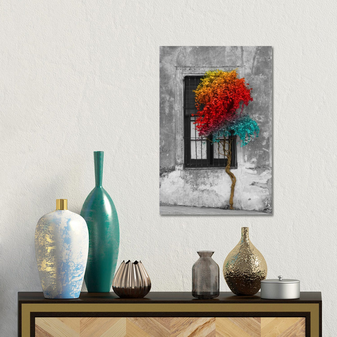 'Tree in Front of Window Rainbow Pop Colour Pop' Photograph on Wrapped Canvas