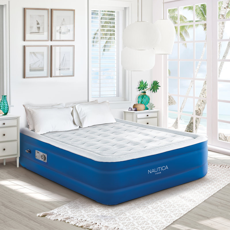 Nautica SupportAire Inflatable Air Mattress with Anti-Leak Built-in Pump, Puncture Resistant Vinyl, Full, White/Blue