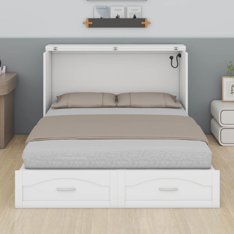 Armoire-lit escamotable pour grand lit escamotable avec tiroir de rangement, port USB, station de charge, cadre de lit escamotable en bois pour bureau à domicile ou petite pièce