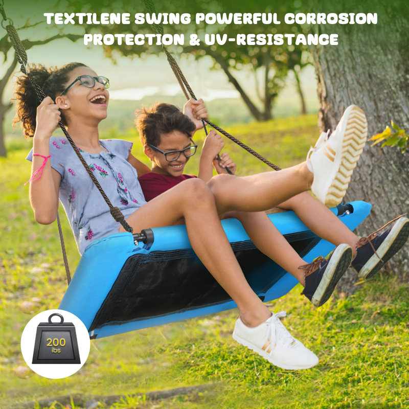 Heavy-Duty Black Metal Swing Set with Blue Platform and Belt Swings