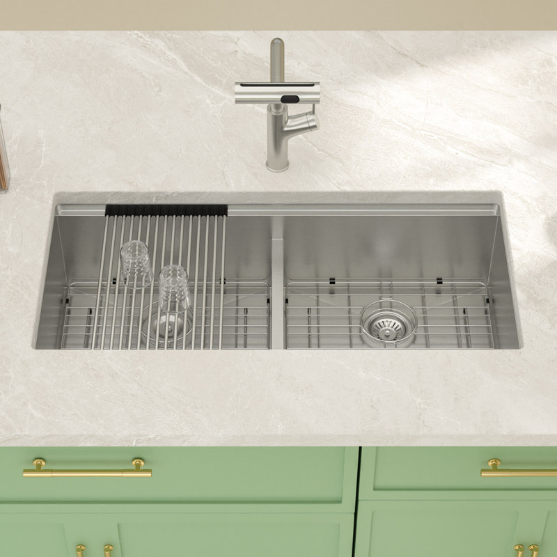 Évier de cuisine encastrable en acier inoxydable avec cuve à mélanger et planche à découper L 39 po x l 19 po, évier de cuisine à double cuve 50/50 avec accessoires