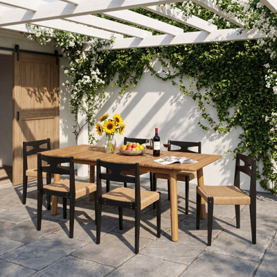 Ensemble de salle à manger Ziven Organic Modern en bois d'acacia avec chaises en osier tressé et table extensible à lattes
