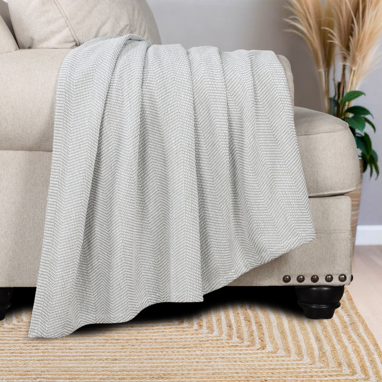 Cotton Woven Throw Blanket, Throw, Green