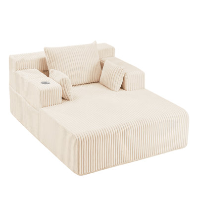 49" W Oversized Corduroy Chaise Lounge Sofa Deep Seat Couch Upholstered Sofa Bed with 1 Cup Holders & 4 Side Pockets - No Assembly Required by Mercer41