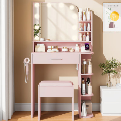 Compact Vanity Desk Set with Stool, LED Mirror (3 Light Modes), Power Outlet, Makeup Vanity for Bedroom