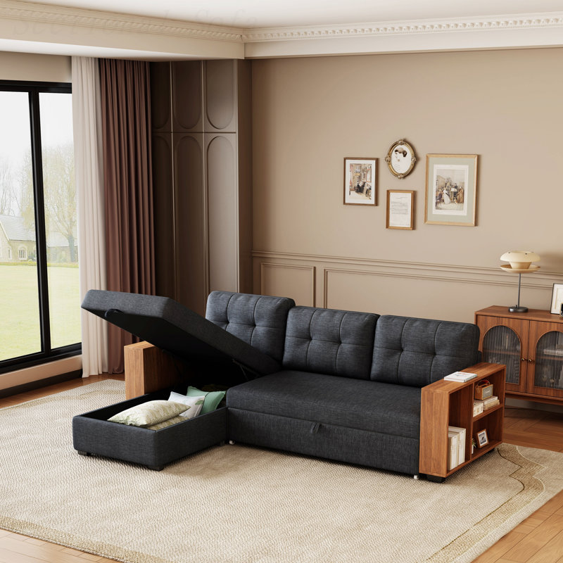 Raghdah Convertible Sectional Sofa with Pull-Out Bed & Storage, Dark Gray Linen