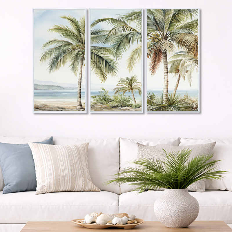 Ensemble de salon Palms Palm Trees On The Beach V - Palmiers et palmiers, H 28 po x l 36 po, Cadre flottant blanc