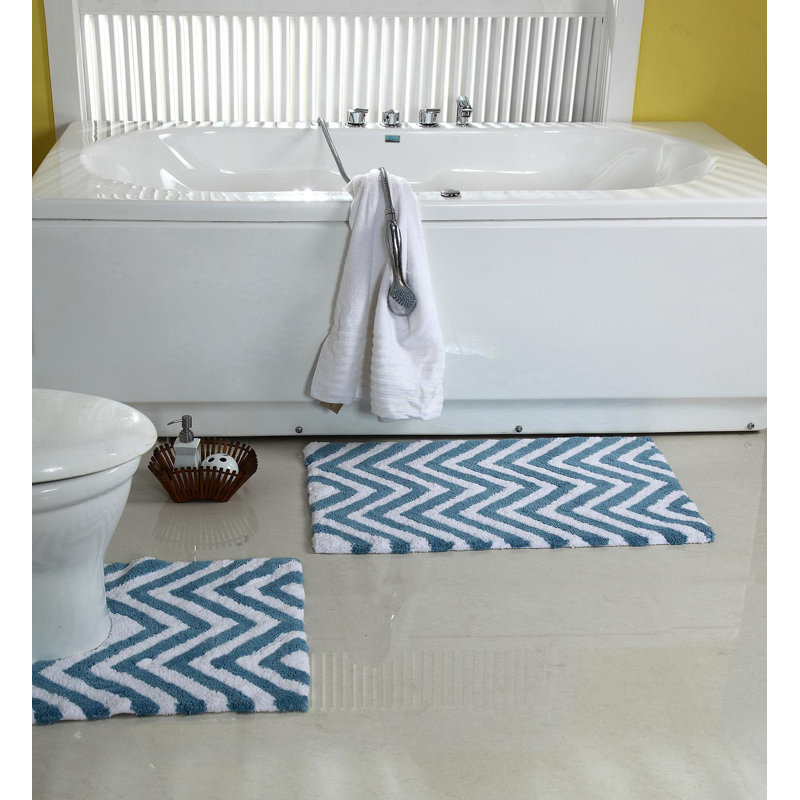 Teichmann Non-Slip Bath Rug, Aqua Blue White