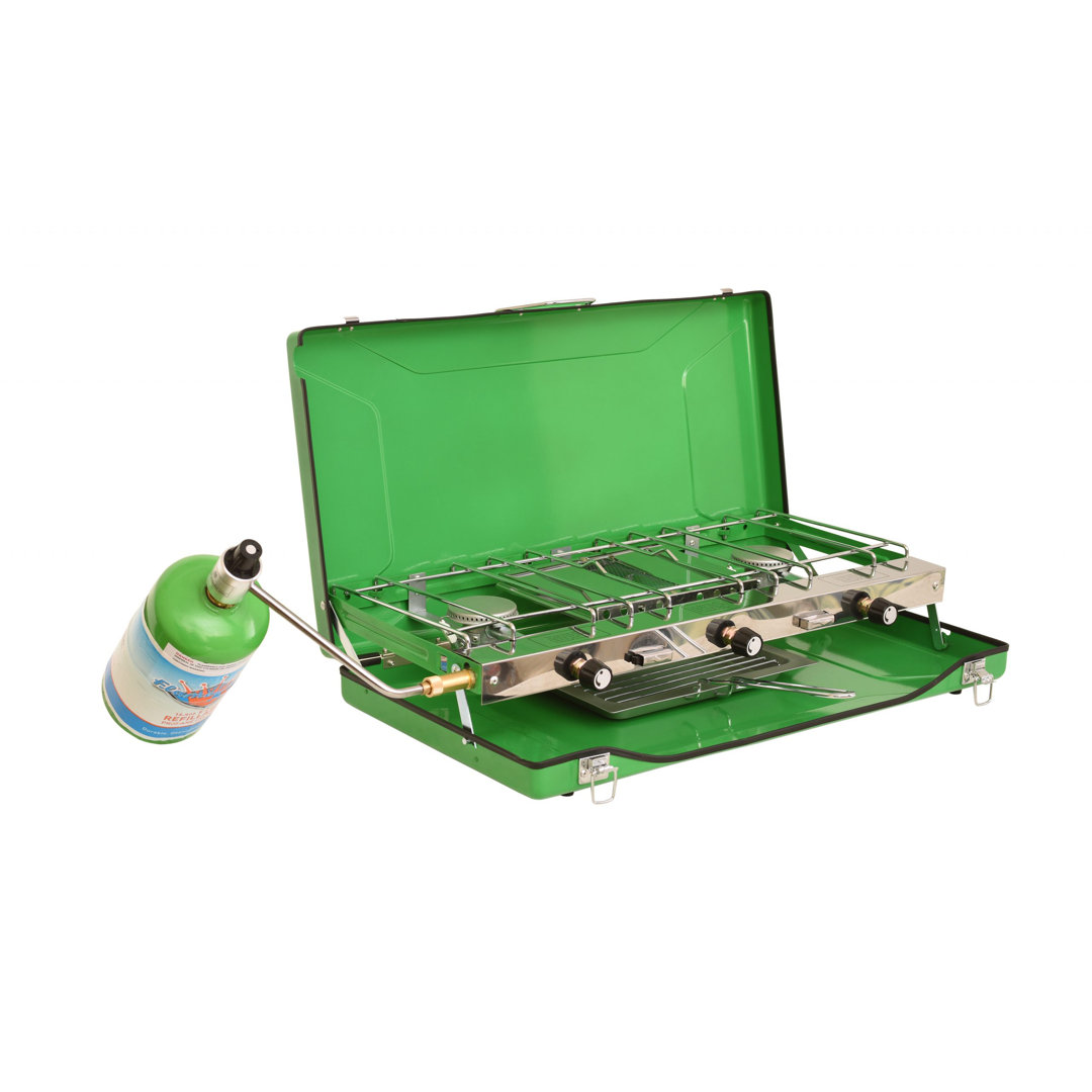 Flame King 3-Burner Portable Camping Stove Grill w/ Toast Tray, Compatible with 1LB Propane Tanks Flame King