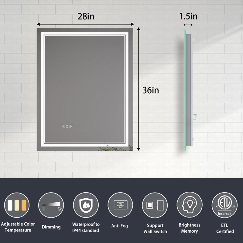 Miroir de salle de bain à DEL à intensité variable avec fonction de désembuage, 28 po x 36 po, Rectangle