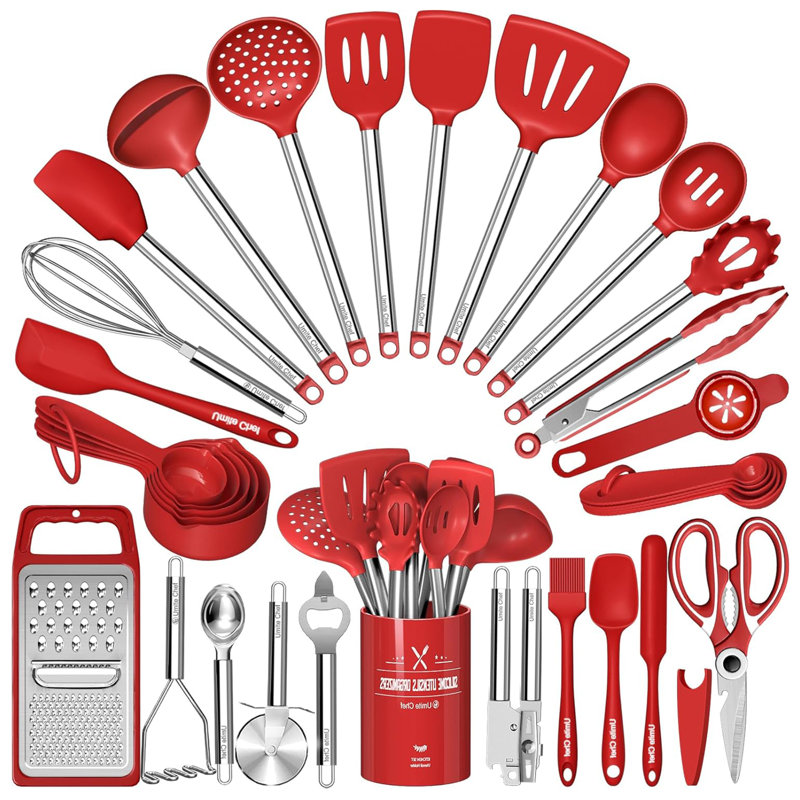 Ensemble d'ustensiles de cuisine en silicone 34 pièces, résistant à la chaleur antiadhésif, lavable au lave-vaisselle, sans Bpa, rouge