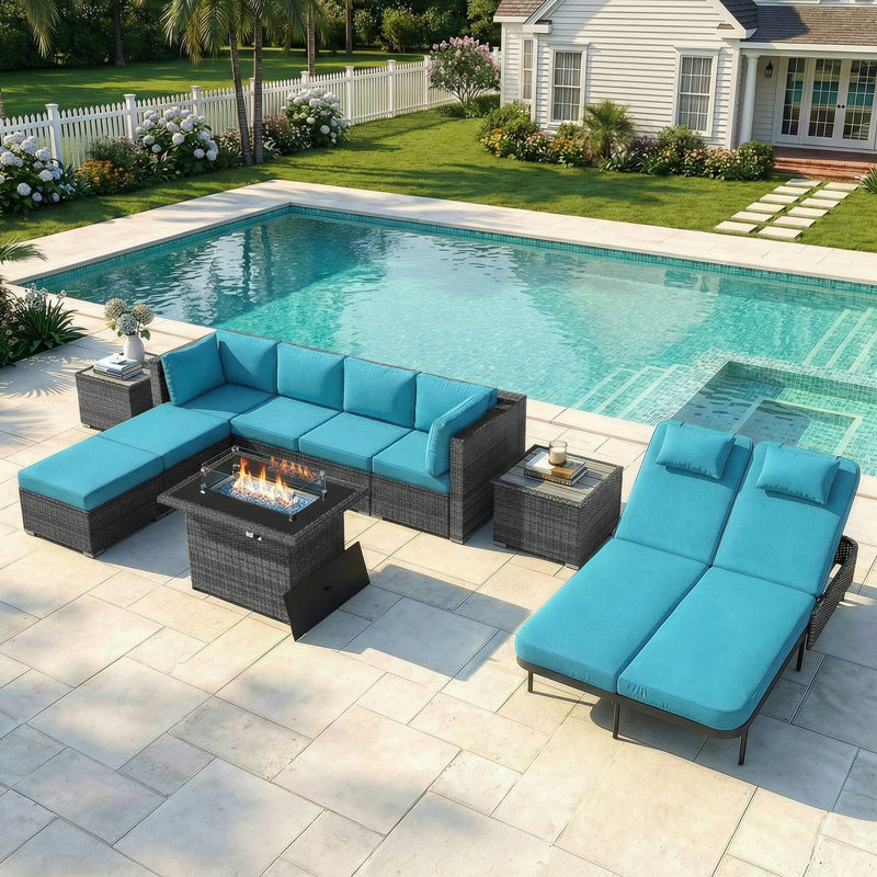 10-Piece Patio Conversation Seat Outdoor Seating Sectional Set With Fire Pit Table And Double Chaise Lounge, Teal