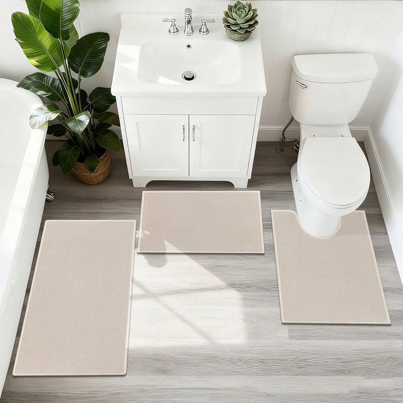 3 Piece Soft Absorbent Microfiber Bath Rug Set With Non-Slip Backing, Beige