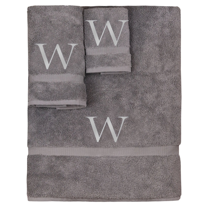 Ensemble de serviettes monogrammées - ensemble de 3 - lettre-bloc, W, Gris / Argent