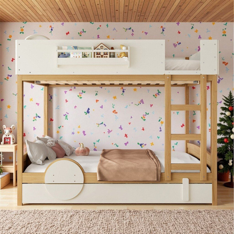 (Queen Over Queen\Full over Full)Pine Wood Kids Bunk Bed With Trundle, Bookshelf, Queen Over Queen, Natural+Beige