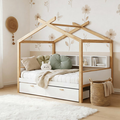 House-shaped Canopy Bed, Canopy Bed Frame with Two Drawers and Bookshelf Storage Space